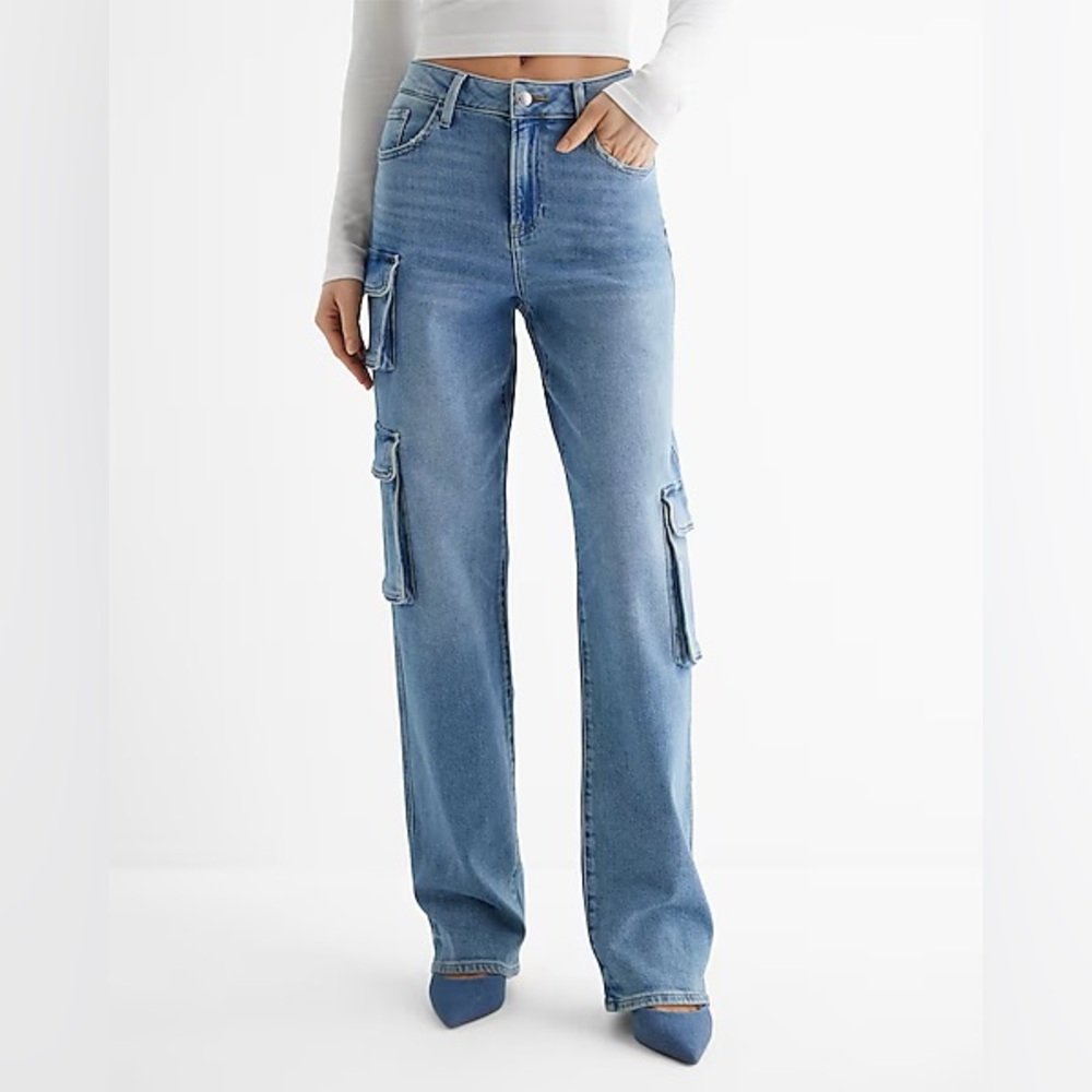 Express High Waisted Medium Wash Relaxed Straight Cargo Jeans